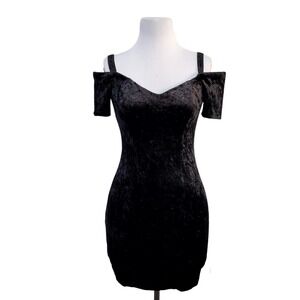 Marnie West‎ Vintage 90s Black Crushed Velvet Cold Shoulder Mini Dress Goth